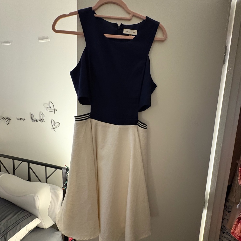 Blue and Cream Halter Fit and Flare Dress with Side Cutouts